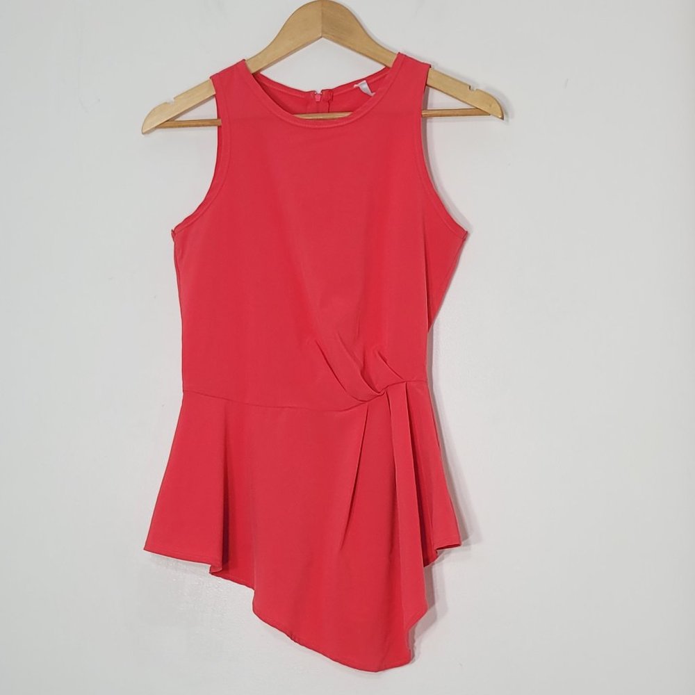 New Town Women Orange Coral Sleeveless Back Zipper Asymmetric Faux Wrap Tank Top
